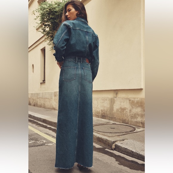 Zara set Long front Slit Denim High waist Skirt & Jacket Indigo Dark Blue S NWT - Picture 4 of 16